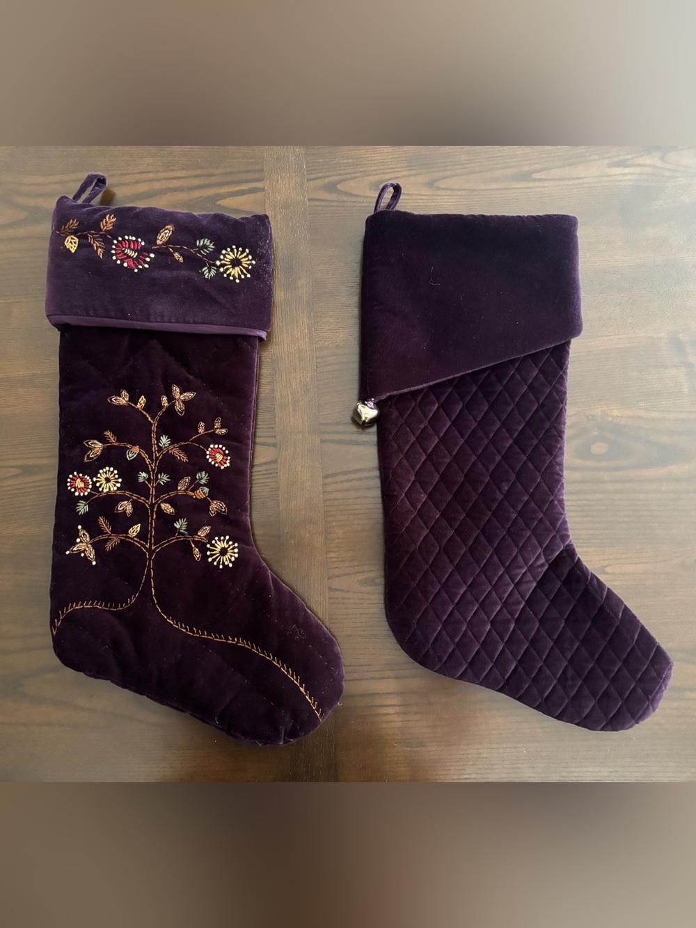 Pottery Barn Lot 2 Christmas Stocking Embroidered Velvet Purple Jingle Bell